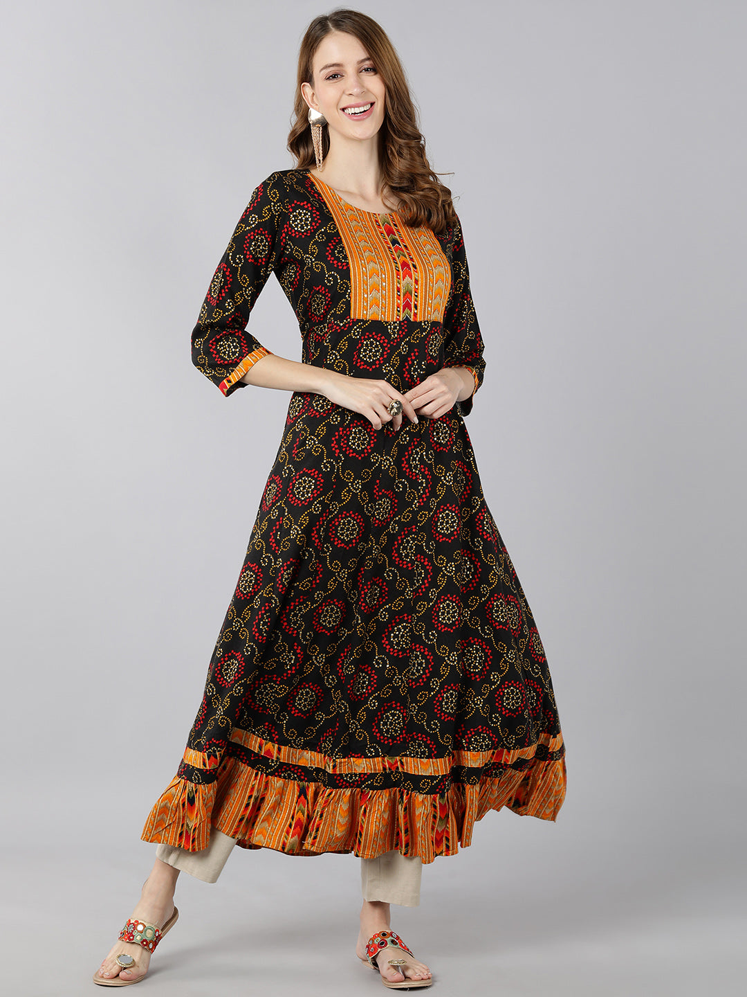 Rayon Bandhni Print Calf Length Kurta (Multicolour)