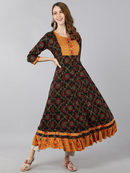Rayon Bandhni Print Calf Length Kurta (Multicolour)