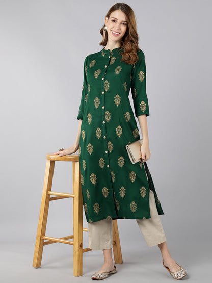 Rayon Gold Print Knee Length Kurta (Green)