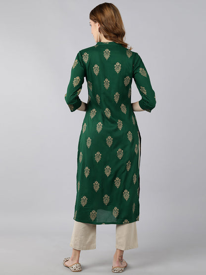 Rayon Gold Print Knee Length Kurta (Green)