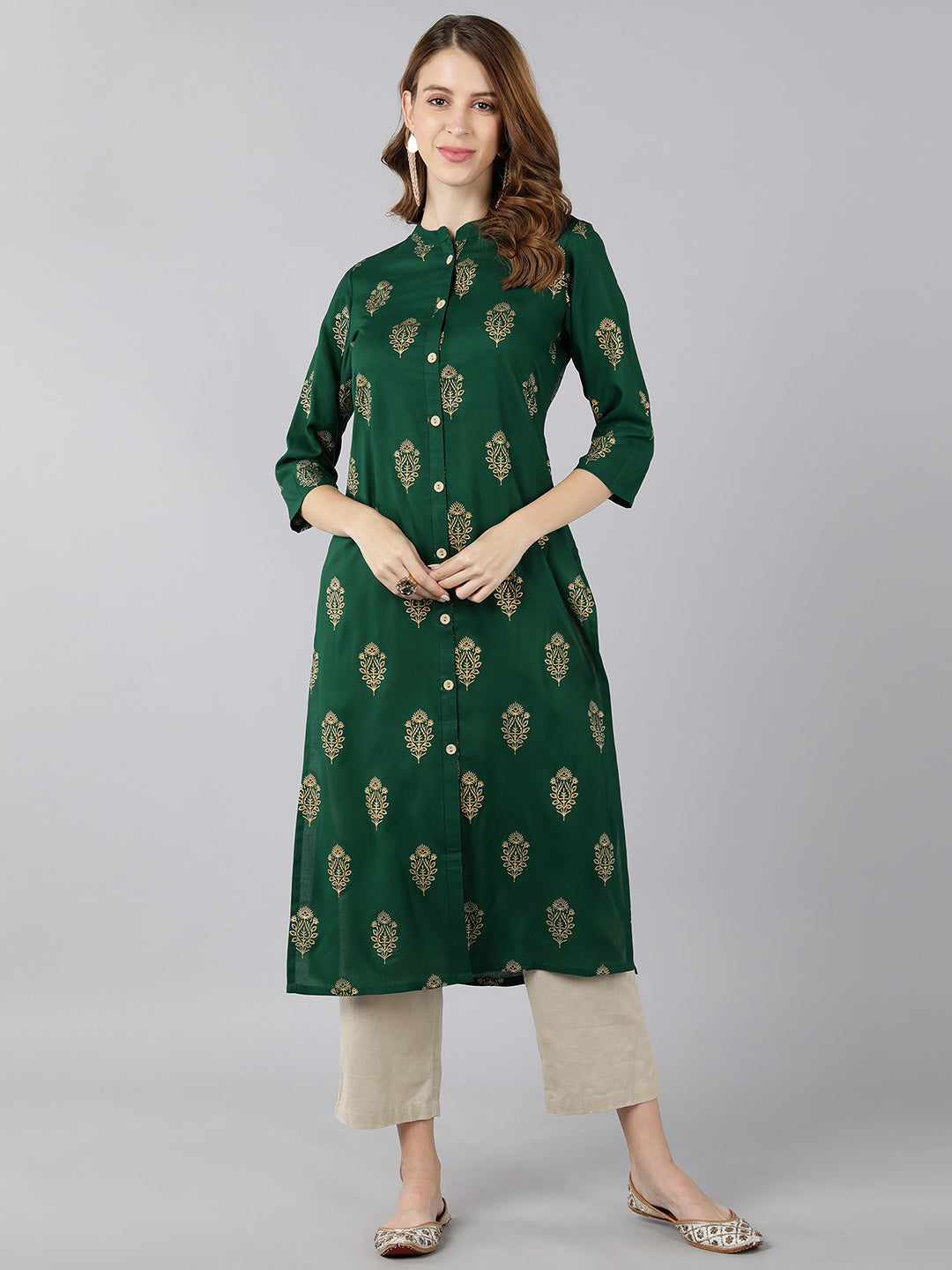 Rayon Gold Print Knee Length Kurta (Green)