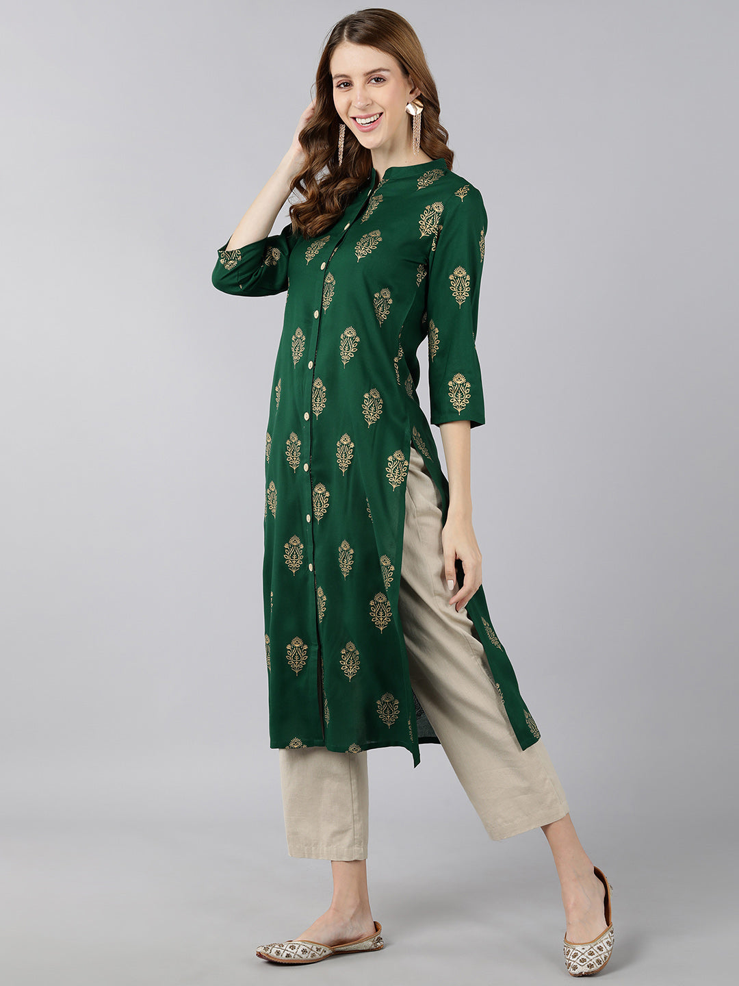Rayon Gold Print Knee Length Kurta (Green)