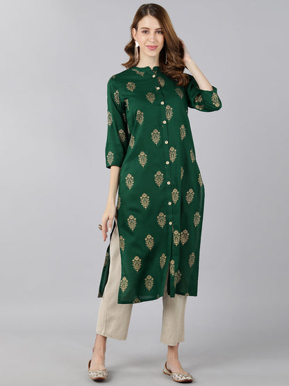 Rayon Gold Print Knee Length Kurta (Green)