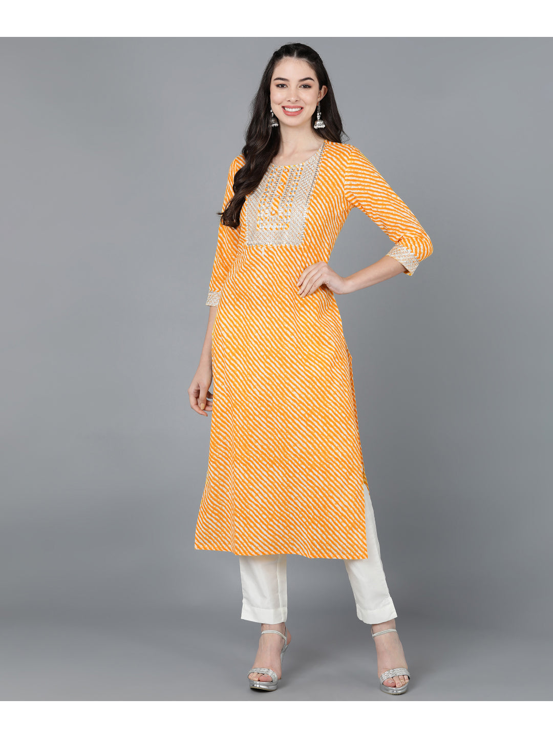 Cotton Leheriya Print Straight Kurta (Orange)
