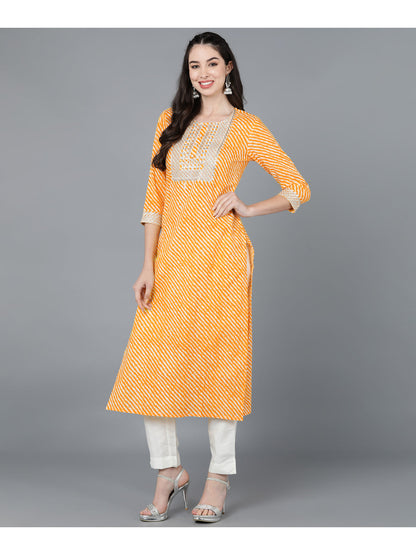 Cotton Leheriya Print Straight Kurta (Orange)