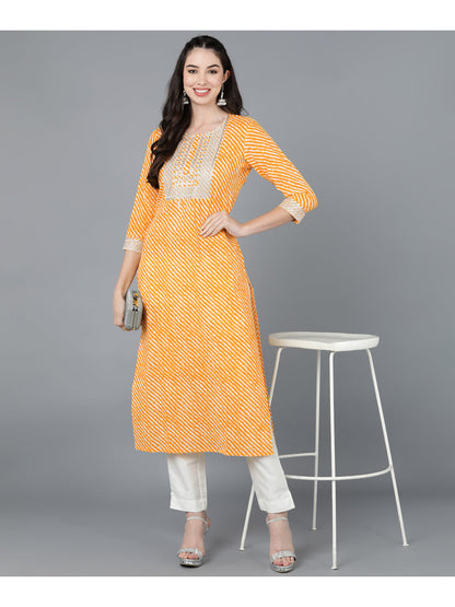 Cotton Leheriya Print Straight Kurta (Orange)