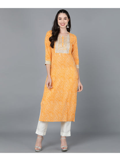 Cotton Leheriya Print Straight Kurta (Orange)