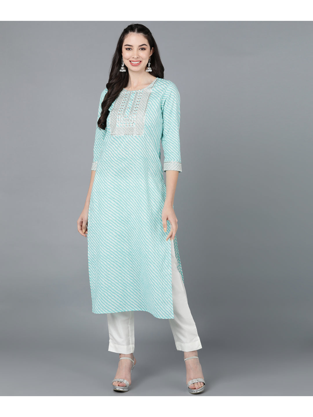Cotton Leheriya Print Straight Kurta (Light Blue)