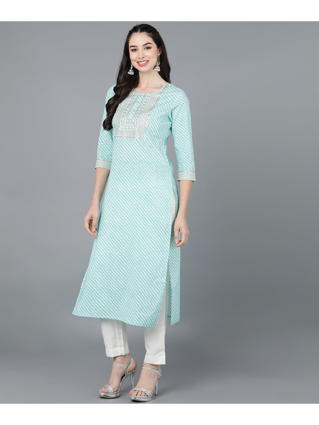 Cotton Leheriya Print Straight Kurta (Light Blue)