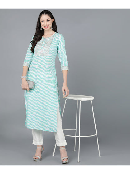 Cotton Leheriya Print Straight Kurta (Light Blue)