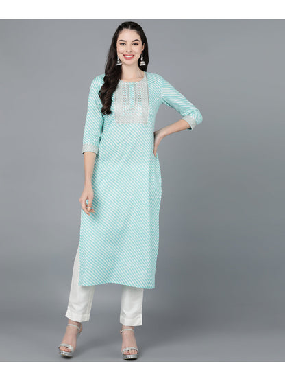 Cotton Leheriya Print Straight Kurta (Light Blue)