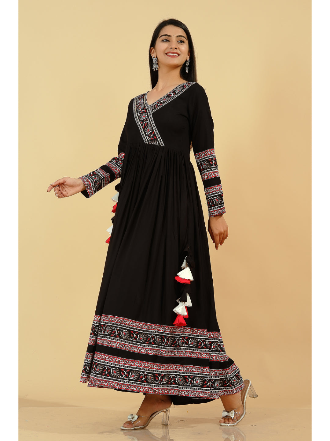 Rayon Solid Flared Kurta (Black)