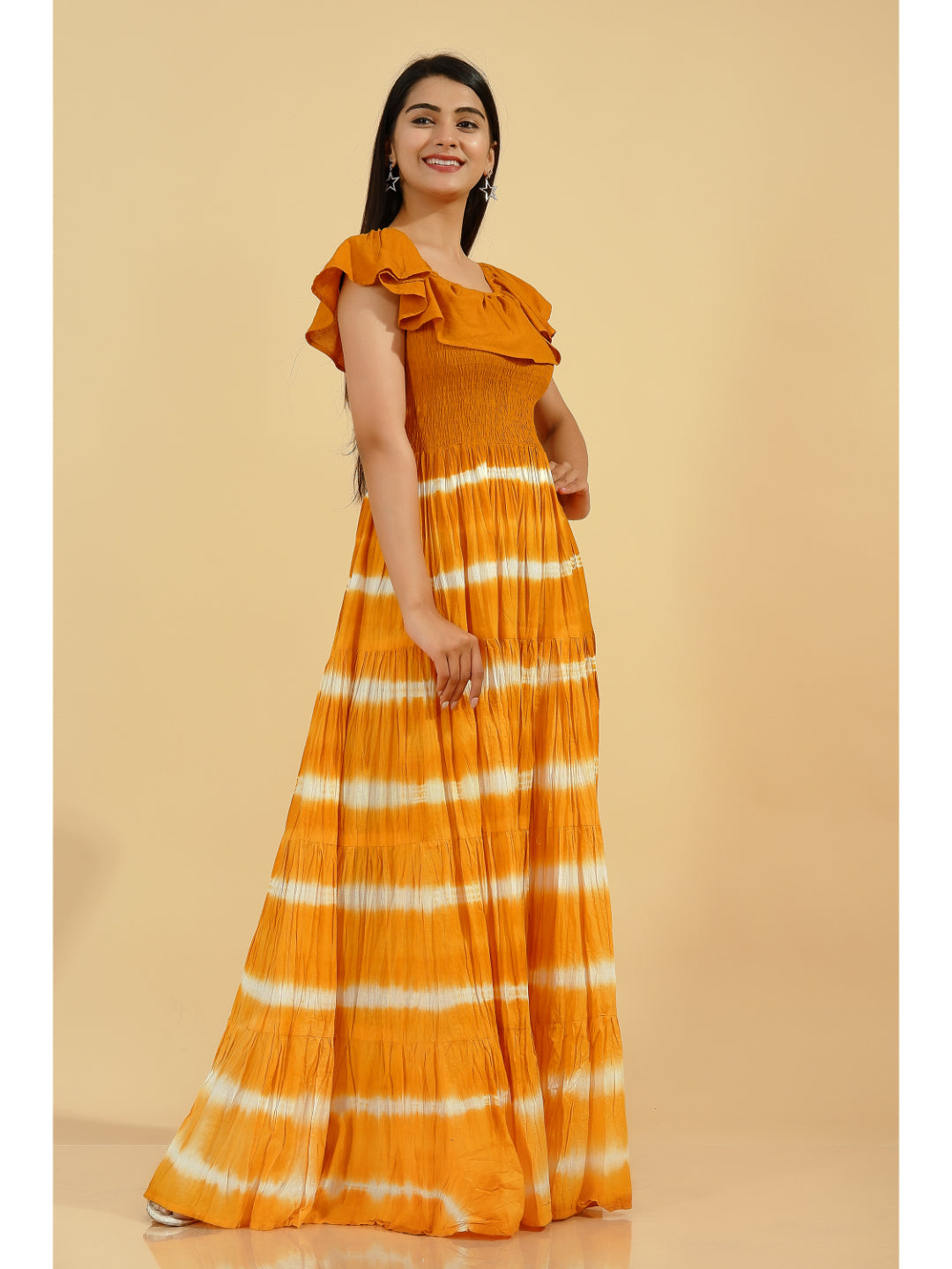 Cotton Tie Die Flared Kurta (Mustard)