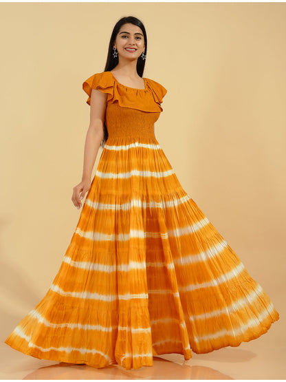 Cotton Tie Die Flared Kurta (Mustard)