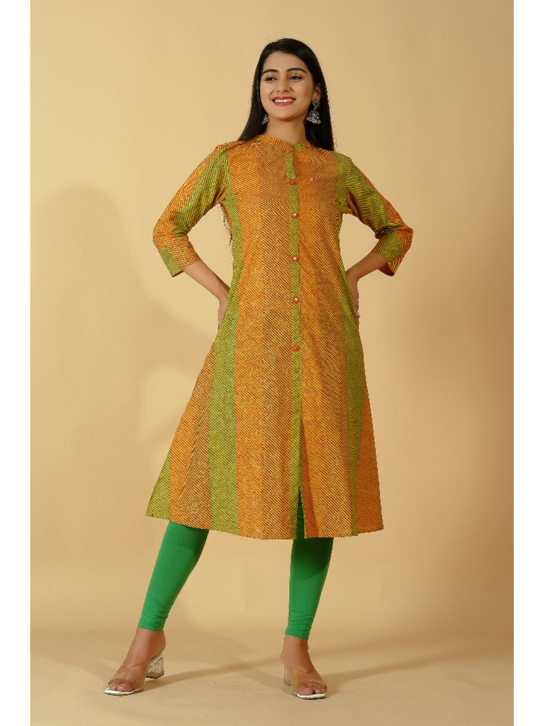 Cotton Stripe Print A-Line Kurta (Orange)