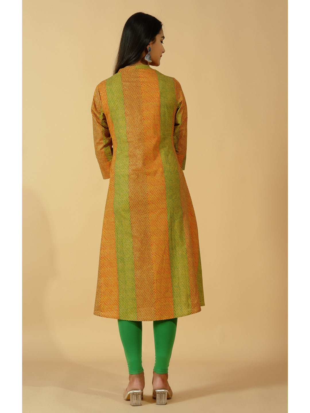 Cotton Stripe Print A-Line Kurta (Orange)