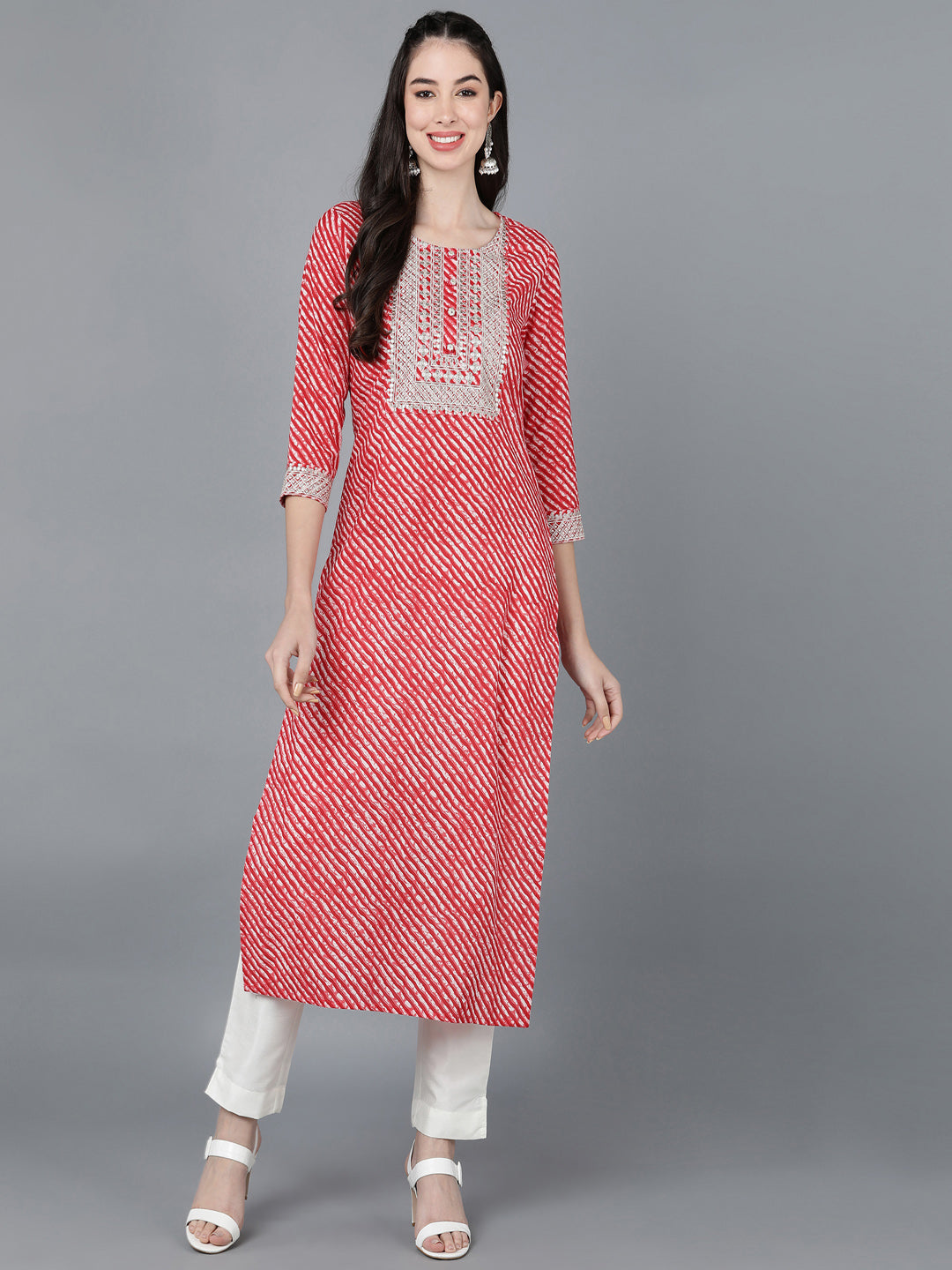 Cotton Lehriya Print Straight Kurta (Red)