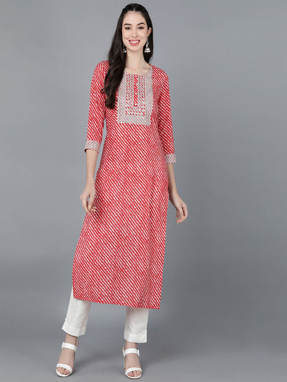 Cotton Lehriya Print Straight Kurta (Red)
