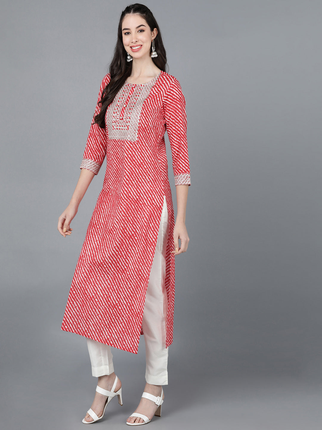 Cotton Lehriya Print Straight Kurta (Red)