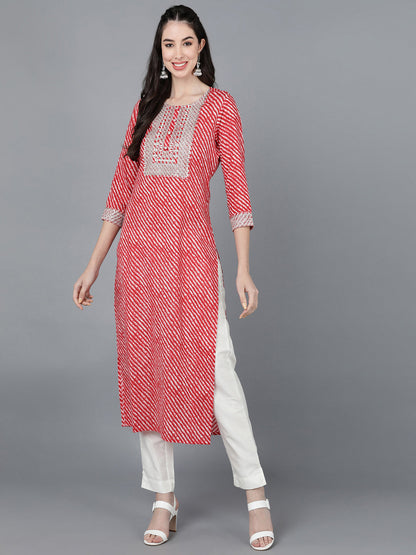 Cotton Lehriya Print Straight Kurta (Red)
