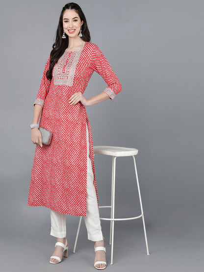 Cotton Lehriya Print Straight Kurta (Red)