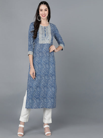 Cotton Lehriya Print Straight Kurta (Navy Blue)