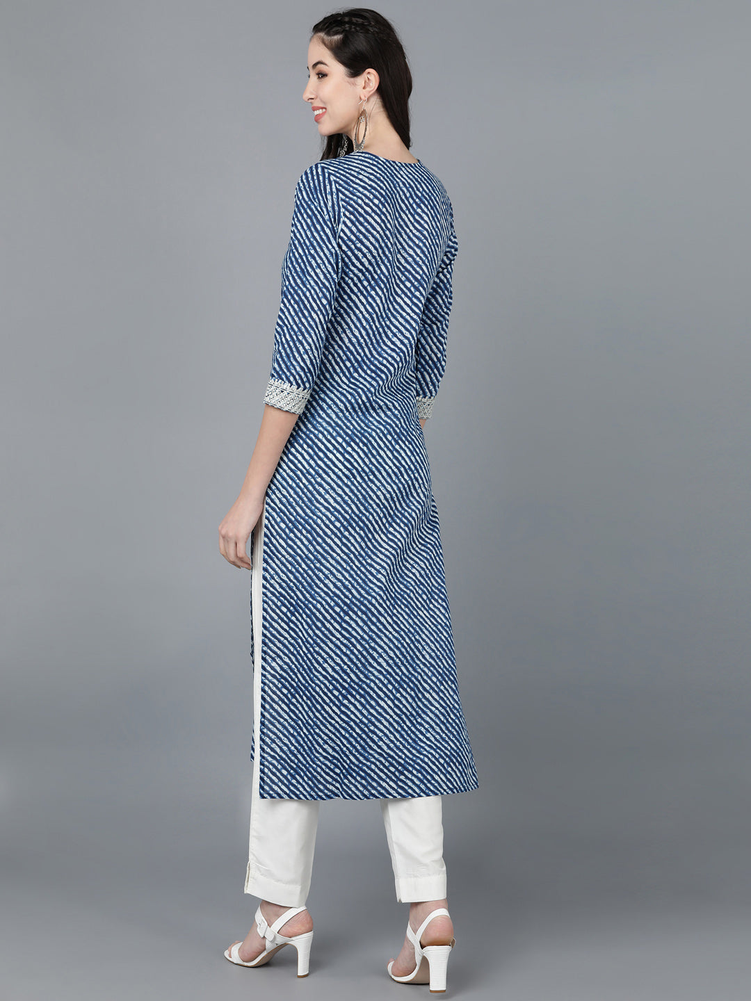 Cotton Lehriya Print Straight Kurta (Navy Blue)