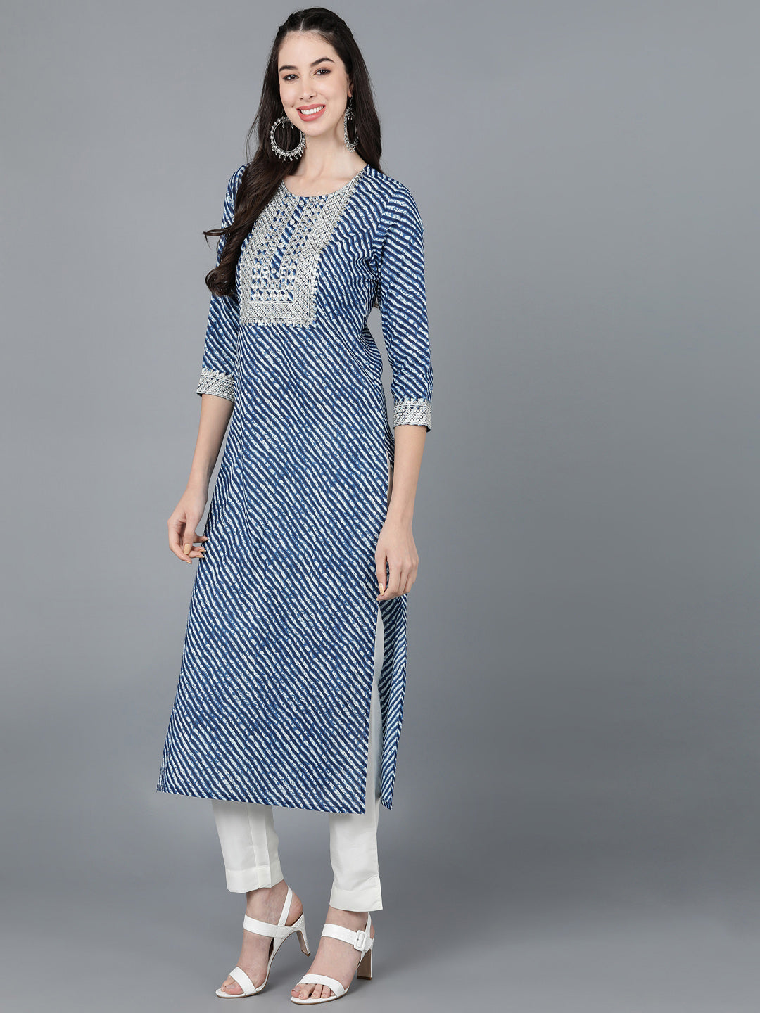 Cotton Lehriya Print Straight Kurta (Navy Blue)
