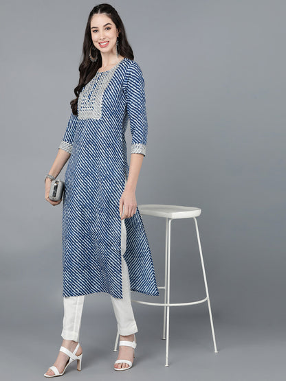 Cotton Lehriya Print Straight Kurta (Navy Blue)