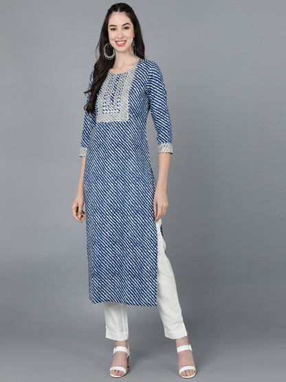 Cotton Lehriya Print Straight Kurta (Navy Blue)
