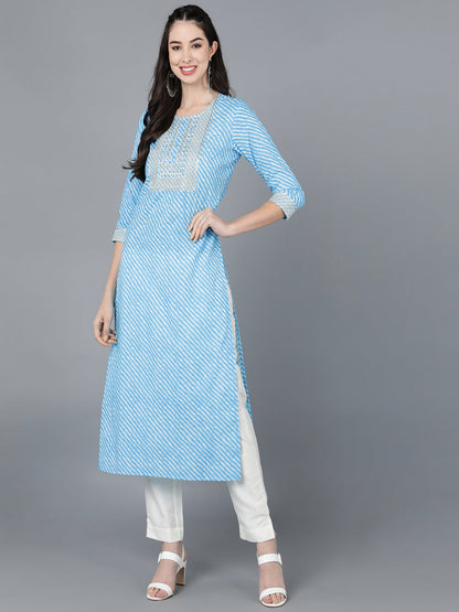 Cotton Lehriya Print Straight Kurta (Sky Blue)