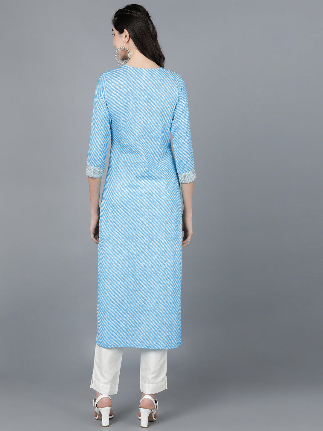 Cotton Lehriya Print Straight Kurta (Sky Blue)