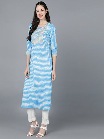 Cotton Lehriya Print Straight Kurta (Sky Blue)