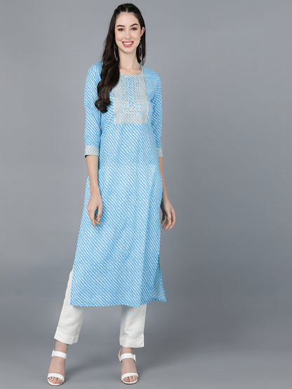Cotton Lehriya Print Straight Kurta (Sky Blue)
