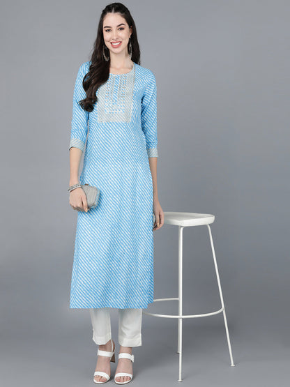 Cotton Lehriya Print Straight Kurta (Sky Blue)