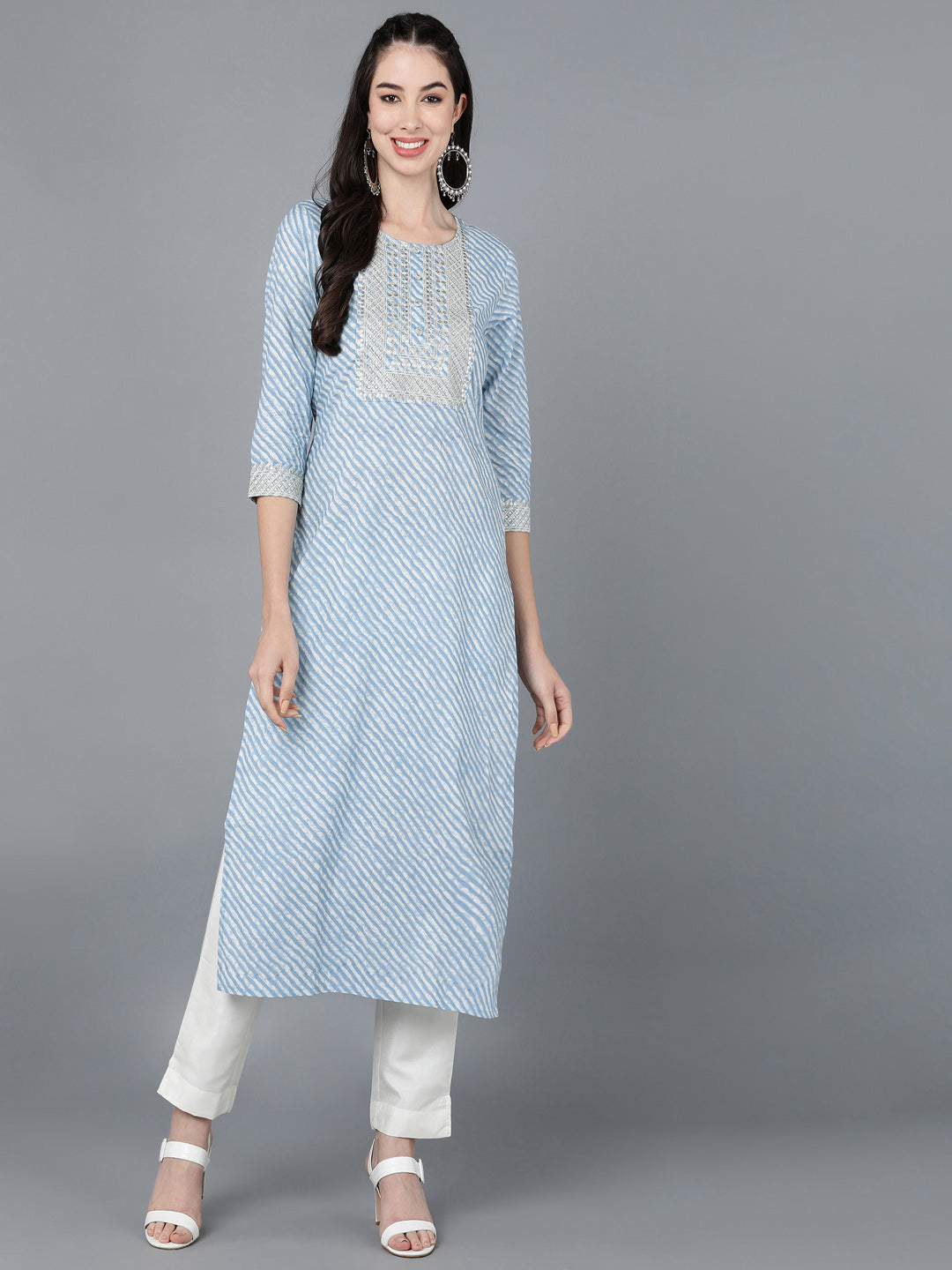 Cotton Lehriya Print Straight Kurta (Light Blue)