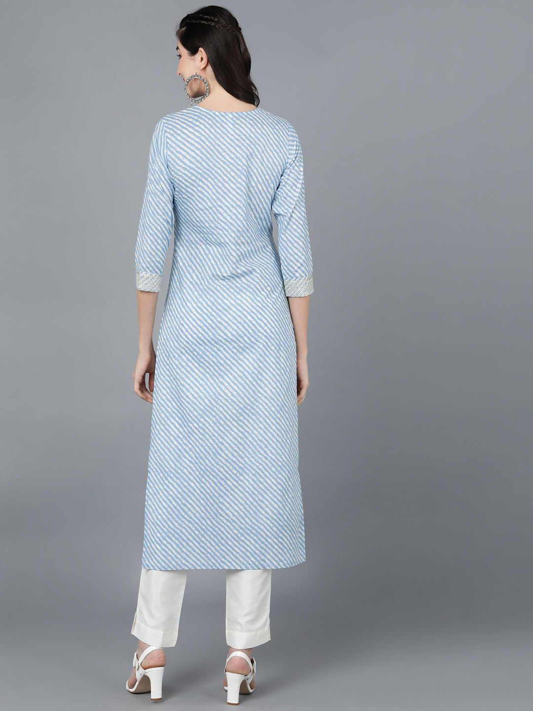 Cotton Lehriya Print Straight Kurta (Light Blue)