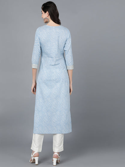 Cotton Lehriya Print Straight Kurta (Light Blue)