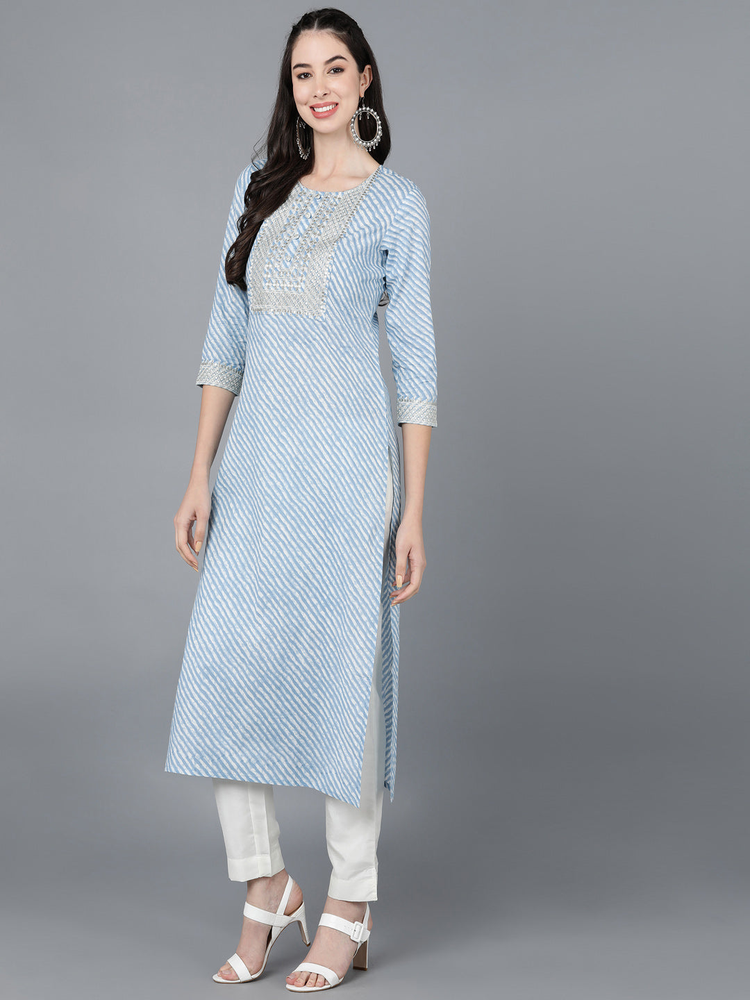 Cotton Lehriya Print Straight Kurta (Light Blue)
