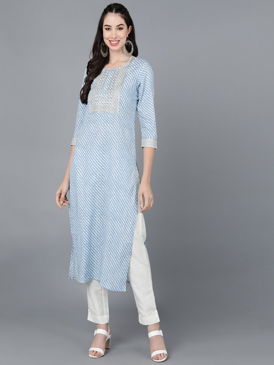Cotton Lehriya Print Straight Kurta (Light Blue)
