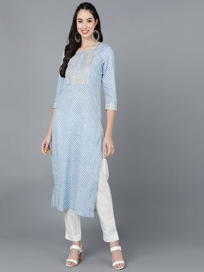 Cotton Lehriya Print Straight Kurta (Light Blue)