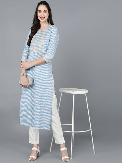 Cotton Lehriya Print Straight Kurta (Light Blue)