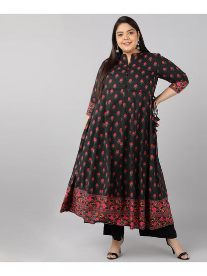 Cotton Block Print Anarkali Kurta (Black)