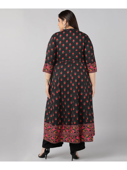 Cotton Block Print Anarkali Kurta (Black)