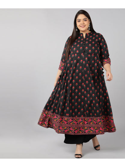 Cotton Block Print Anarkali Kurta (Black)