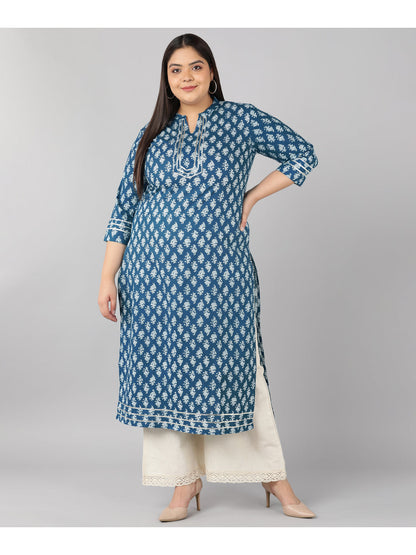 Cotton Block Print Straight Kurta (Blue)