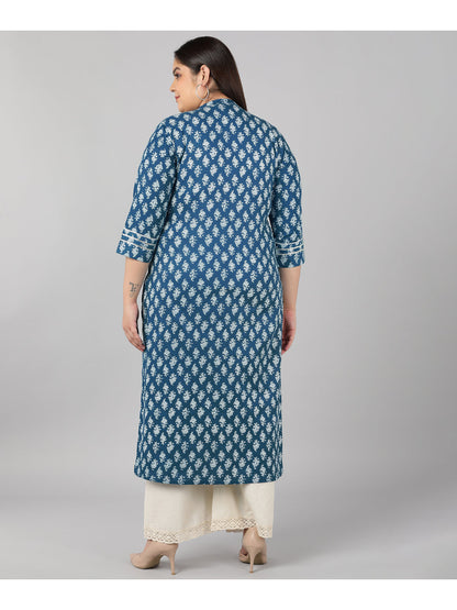 Cotton Block Print Straight Kurta (Blue)