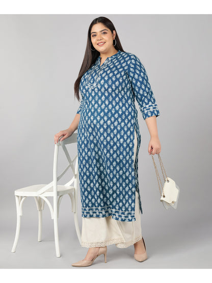 Cotton Block Print Straight Kurta (Blue)