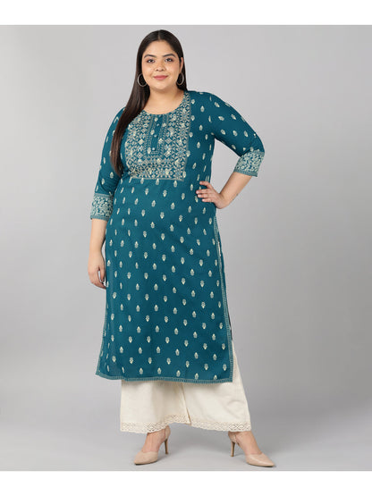 Rayon Block Print Straight Kurta (Turquoise)