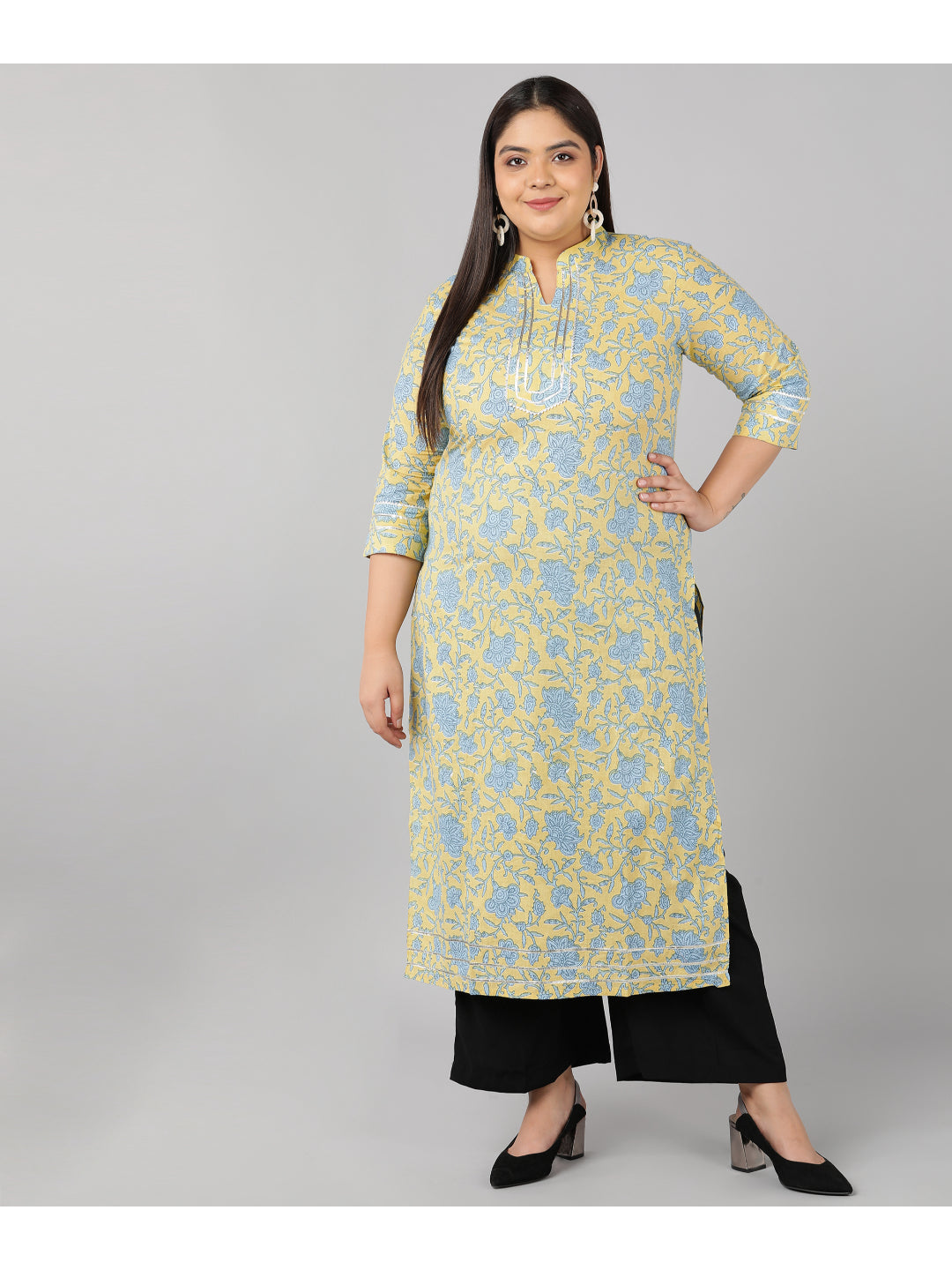 Cotton Floral Print Straight Kurta (Yellow)